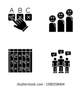 Survey glyph icons set. Choosing correct option. Customer satisfaction level. Positive, negative emoticons. Select number. Checklist. Mass poll. Vote. Silhouette symbols. Vector isolated illustration