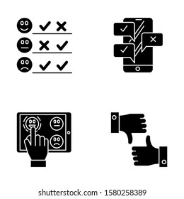 Survey glyph icons set. Pick satisfaction level. Positive, negative feedback. Sad, happy emoticons. Checklist. Online chat. Like, dislike sign. Silhouette symbols. Vector isolated illustration