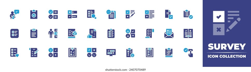 Survey icon collection. Duotone color. Vector and transparent illustration. Containing surveyor, answers, task, survey, list, clipboard, to do list, unhappy, shopping list, checklist, search survey.