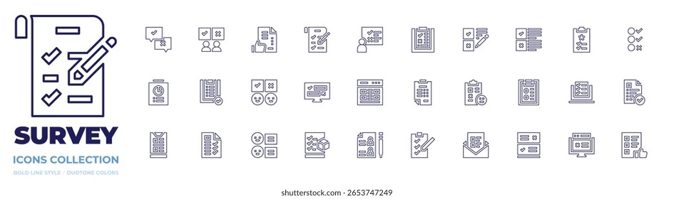 Survey icon collection. Line style. Editable stroke. answers, clipboard, survey, medical report, compliance, unhappy, shopping list, checklist.