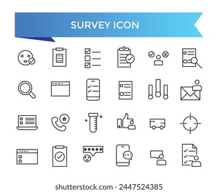 Survey icon collection. Related to feedback, opinion, questionnaire, poll, research, data collection, review and satisfaction icons. Line icon set.