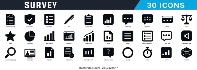 Conjunto de diseño de iconos de Encuesta, paquete de iconos de relleno negro de Encuesta
