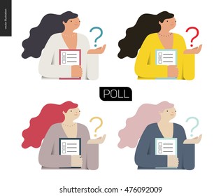 Survey icon in four colors. Flat vector cartoon illustration of a woman holding the question sign and a clipboard with the checklist on it.