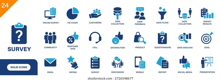 Icono de Encuesta. Incluyendo recopilación de datos, producto, Clientes, satisfacción, informes, redes sociales. Colección de iconos de vectores sólidos.