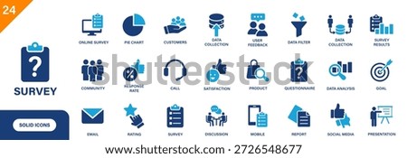 Survey icon. Including data collection, product, customers, satisfaction, reporting, social media. Solid vector icons collection.