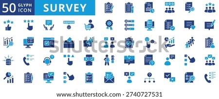 survey icon pack flat contains questionnaire, poll, assessment, campaign, population, vote, answer, participant, correspondence, crm, customer service, client support, complete, summary
