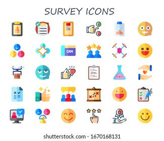 survey icon set. 30 flat survey icons. Included clipboard, rating, summary, happy, rate, drone, crm, test, experiment, loyalty, pros and cons, testimonials, boarding, testimonial icons