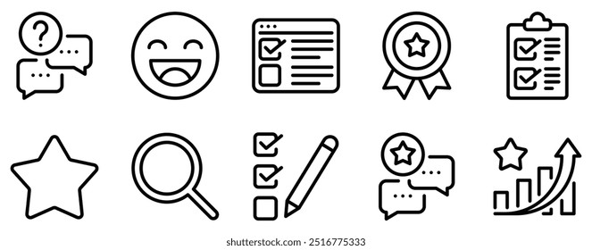 Conjunto de iconos de Encuesta Colección de estilo de línea analítica para recopilación y Comentarios de datos