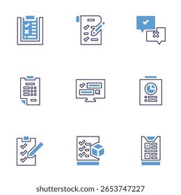 Survey icon set. Bold line style. Duotone colors. Editable stroke. medical report, survey, shopping list, checklist.