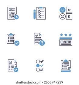 Conjunto de iconos de Encuesta. Estilo de línea en negrita. Colores duotónicos. Encuesta, conformidad, lista de comprobación, protocolos, Estado del proyecto, calificación, revisión del Cliente, informe.