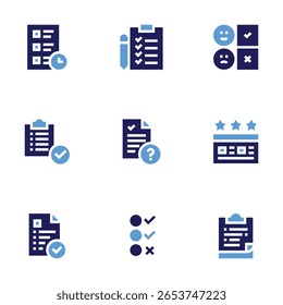 Conjunto de iconos de Encuesta. Estilo audaz. Encuesta, conformidad, lista de comprobación, protocolos, Estado del proyecto, calificación, revisión del Cliente, informe.