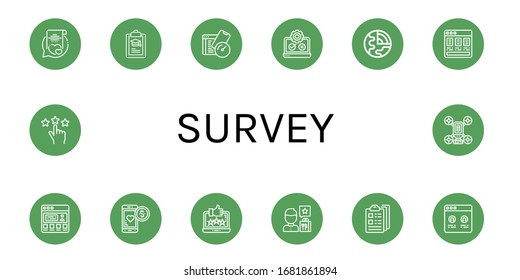 survey icon set. Collection of Vows, Clipboard, Test, Testing, Geology, Price list, Testimonial, Loyalty, Feedback, Review, Rating, Drone icons