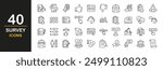Survey icon set. Containing feedback, opinion, questionnaire, poll, research, data collection, review, satisfaction, answers, task, survey, list, clipboard, unhappy, checklist, and more