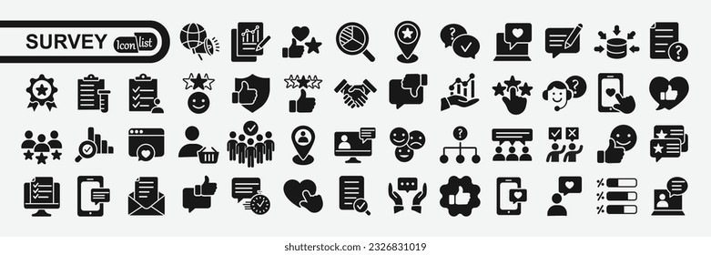 Survey icon set. Containing feedback, opinion, questionnaire, research, data collection, review and satisfaction icons.