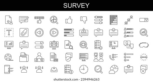 Survey icon set. Containing feedback, opinion, questionnaire, poll, research, data collection, review and satisfaction icons. Solid icon collection. Vector illustration.