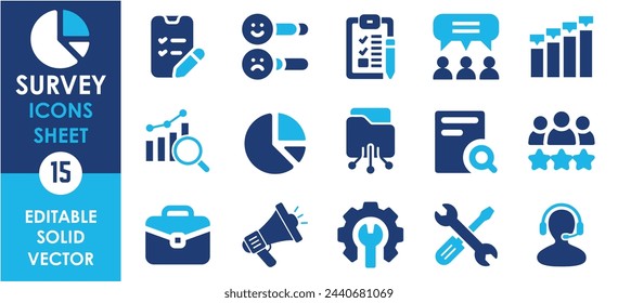 Survey icon set. Containing feedback, opinion, questionnaire, poll, research and so on. Flat vector icon set related to survey.