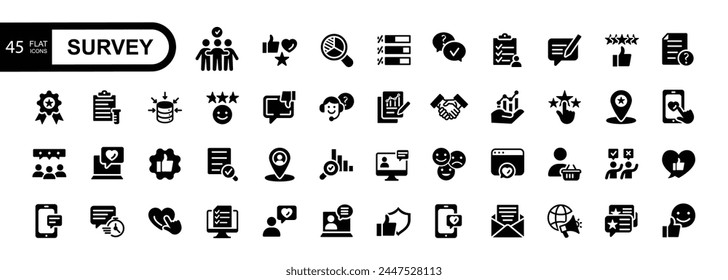 Survey icon set. Containing feedback, opinion, questionnaire, poll, research, data collection, review and satisfaction icons. Solid icon collection. Vector illustration.	