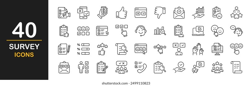 Symbolsatz für Umfrage. Mit Feedback, Meinung, Fragebogen, Umfrage, Forschung, Datenerhebung, Überprüfung, Zufriedenheit, Antworten, Aufgabe, Umfrage, Liste, Zwischenablage, unglücklich, Checkliste und mehr