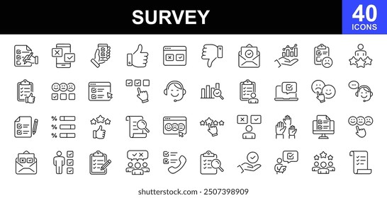 Survey icon set. Containing feedback, opinion, questionnaire, poll, research, data collection, review, satisfaction, answers, task, survey, list, clipboard, unhappy, checklist, and more