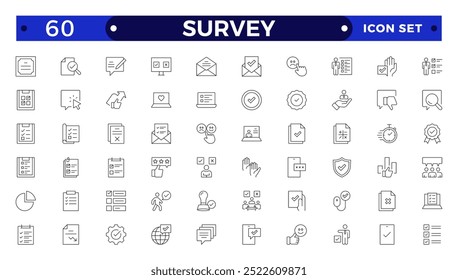 Survey icon set. Containing feedback, opinion, questionnaire, poll, research, data collection, review and satisfaction icons. Outline icon collection. 
