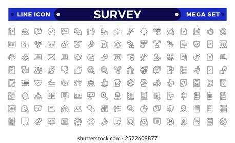 Conjunto de ícones de pesquisa. Contém feedback, opinião, questionário, pesquisa, coleta de dados, revisão e ícones de satisfação. Contornar a coleção de ícones. 
