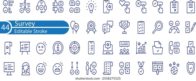 Survey icon set. Containing feedback, opinion, questionnaire, poll, research, data collection, review, satisfaction, answers, task, survey, list, clipboard, unhappy, checklist, and more