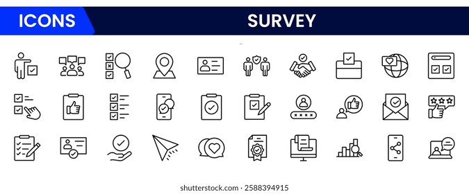 Survey icon set. Containing feedback, opinions, questionnaires, polls, research, and so on. The flat vector icon set is related to the survey—vector illustration.