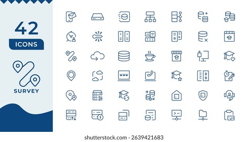 Survey icon set. Containing feedback, opinions, questionnaires, polls, research, and more.