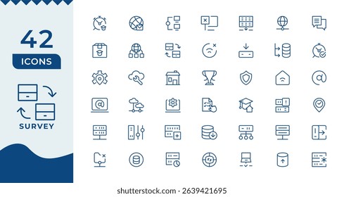 Survey icon set. Containing feedback, opinions, questionnaires, polls, research, and more.