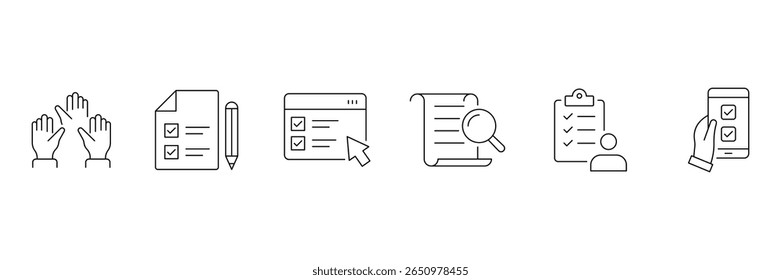 Survey icon set. Containing feedback, opinion, questionnaire, poll, research, data collection, review and satisfaction icons. Outline icon collection.