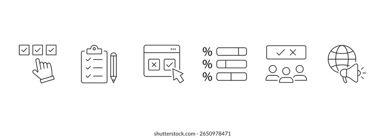 Conjunto de iconos de Encuesta. Contiene íconos de Comentarios, opinión, cuestionario, encuesta, investigación, recopilación de datos, revisión y satisfacción. Colección de icono de esquema.