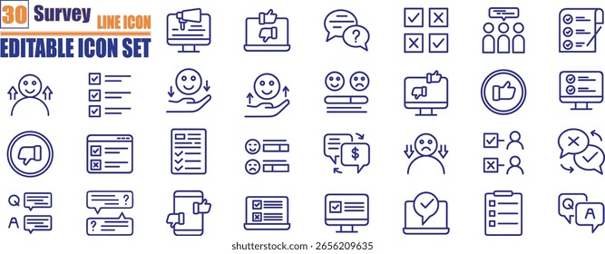 Survey icon set. Containing feedback, opinion, questionnaire, poll, research, data collection, review and satisfaction icons. Solid icon collection.