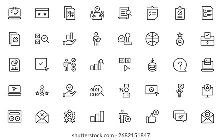 Survey icon set. Containing feedback, opinions, questionnaires, polls, research, and so on. Thin outline icons pack. Vector illustration