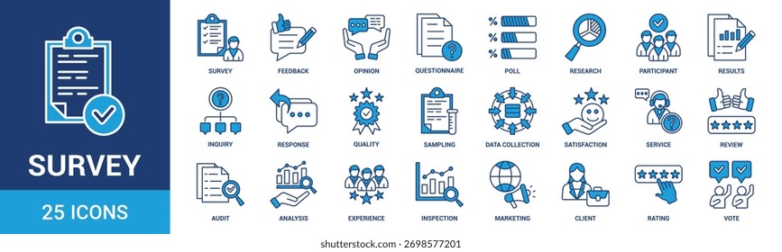 Survey icon set. Containing feedback, opinion, questionnaire, poll, research, data collection, review and satisfaction icons. Blue icon collection. Vector illustration.