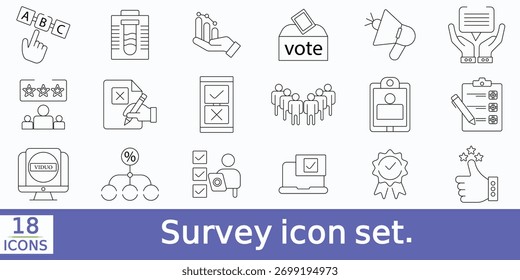 Survey icon set. Containing feedback, opinion, questionnaire, poll, research, data collection, review, satisfaction, answers, task,