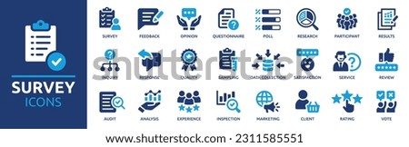 Survey icon set. Containing feedback, opinion, questionnaire, poll, research, data collection, review and satisfaction icons. Solid icon collection. Vector illustration. Foto d'archivio © 