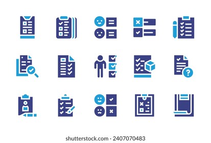 Survey icon set. Duotone color. Vector illustration. Containing survey, checklist, poll, work list, document, project status, to do list, customer review, summary, clipboard, tasks.