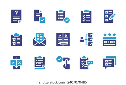 Survey icon set. Duotone color. Vector illustration. Containing survey, checklist, protocols, question, feedback, email, evaluation, rating, report, clipboard, yes, audience, conversation.