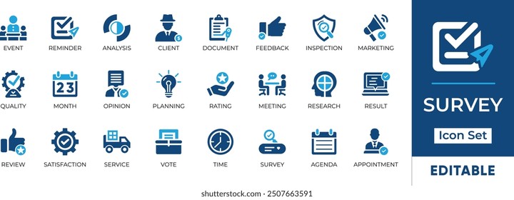 Survey Icon Set. Features essential elements like feedback, review, satisfaction, and planning. Perfect for market research, customer satisfaction studies, and data analysis. Editable vector graphics.