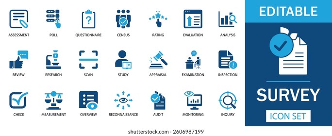 Survey Icon Set  Featuring assessment, questionnaire, research, evaluation, rating, inspection, audit, and more. Perfect for business, data analysis, and feedback collection. Professional, versatile,