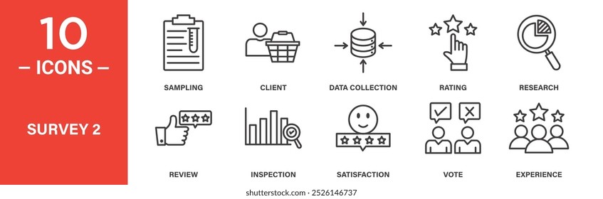 Conjunto de Ícones de Pesquisa com Símbolos de Coleta de Dados, Classificação, Revisão e Satisfação
