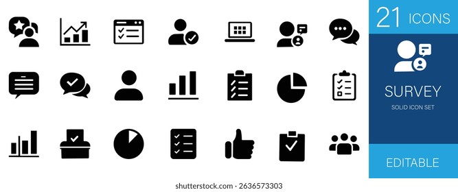 Survey icon set featuring poll, vote, feedback, checklist, rating, analysis, evaluation, research, report, data, chart, graph, and quiz icons. Perfect for business, marketing, and statistics projects.
