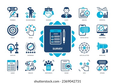 Survey icon set. Feedback, Business, Make Decision, Analysis, Marketing, Data Collection, Rating, Results. Duotone color solid icons