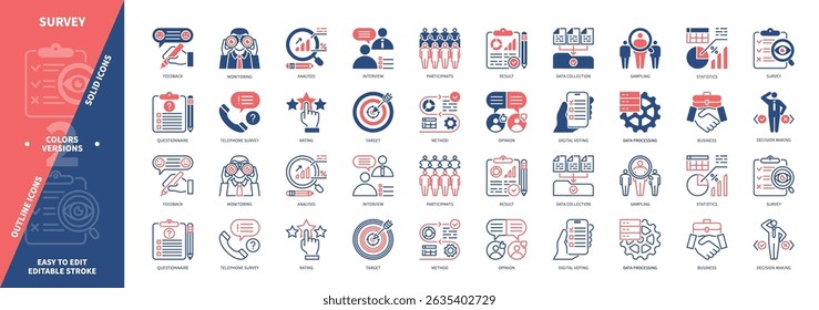 Survey icon set. Feedback, Business, Questionnaire, Analysis, Interview, Data Collection, Rating, Results. Duotone color solid and editable outline icons