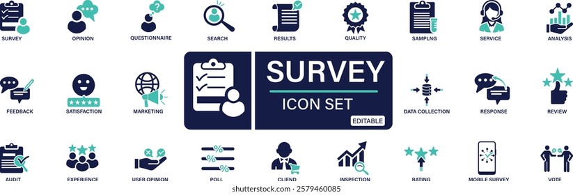 Survey icon set. feedback, opinion, questionnaire, poll, research, data collection, review and satisfaction You can easily change the color.