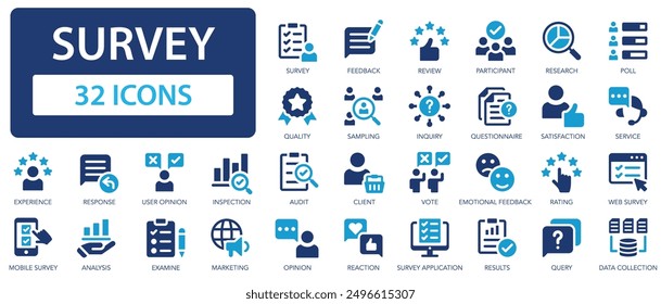 Survey icon set. Feedback and review symbol collection. Opinion, satisfaction, research, questionnaire, poll.