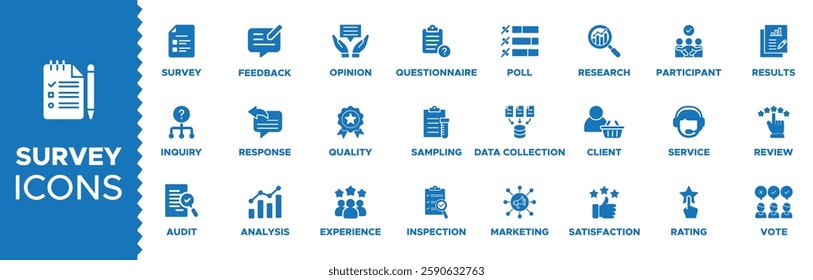 Survey icon set. Survey icons set or pack  Containing feedback, opinion, questionnaire, poll, research, data collection, review and satisfaction icons. Solid icon collection. Vector illustration.