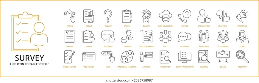  Survey Icon Set In Line Style. Containing feedback, satisfaction, business, review, service, opinion, line, rating, etc. Vector Illustration.