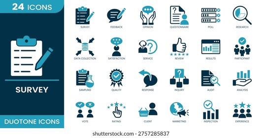 Survey icon set. Questionnaire, feedback, opinion, poll, research, data collection, satisfaction, review, response, analysis and more. Duotone vector icons collection.