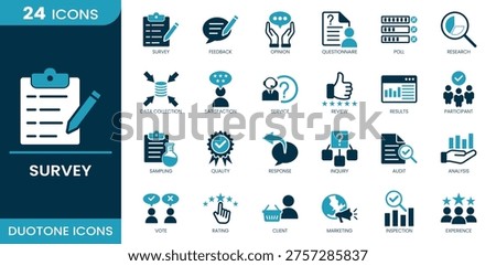 Survey icon set. Questionnaire, feedback, opinion, poll, research, data collection, satisfaction, review, response, analysis and more. Duotone vector icons collection.